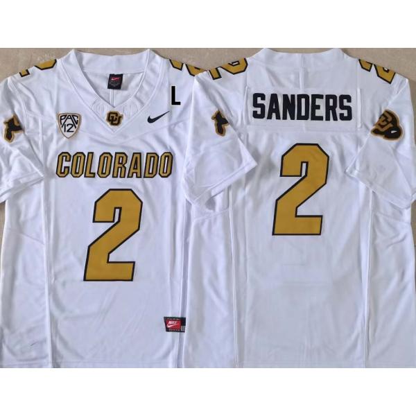 Quarterback Shedeur Sanders White Jersey with shoulder patch PAC12 Colorado Buffaloes #2