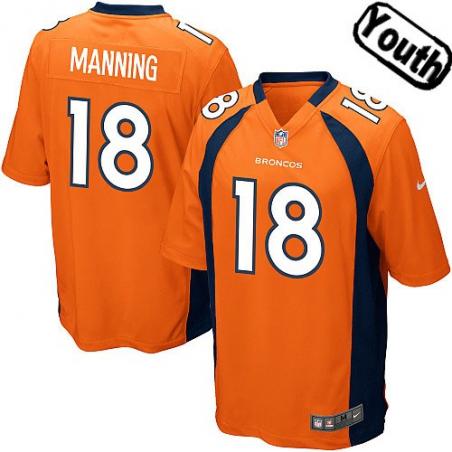 [NEW,Sewn-on]Peyton Manning Youth Football Jersey - Denver #18 MANNING Jersey (Orange) For Youth/Kid