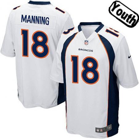 [NEW,Sewn-on]Peyton Manning Youth Football Jersey - Denver #18 MANNING Jersey (White) For Youth/Kid