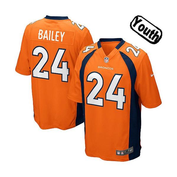 [NEW,Sewn-on]Champ Bailey Youth Football Jersey - Denver #24 BAILEY Jersey (Orange) For Youth/Kid