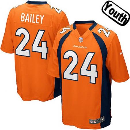 [NEW,Sewn-on]Champ Bailey Youth Football Jersey - Denver #24 BAILEY Jersey (Orange) For Youth/Kid