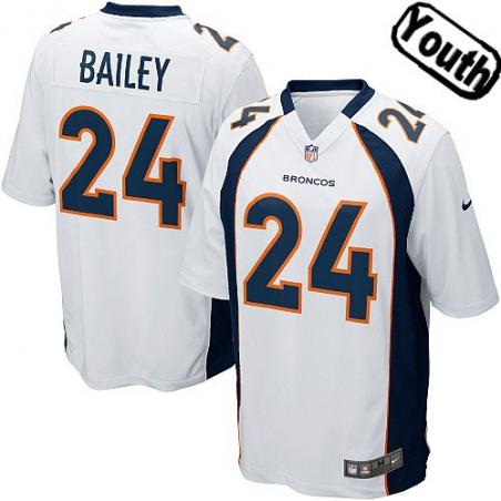 [NEW,Sewn-on]Champ Bailey Youth Football Jersey - Denver #24 BAILEY Jersey (White) For Youth/Kid