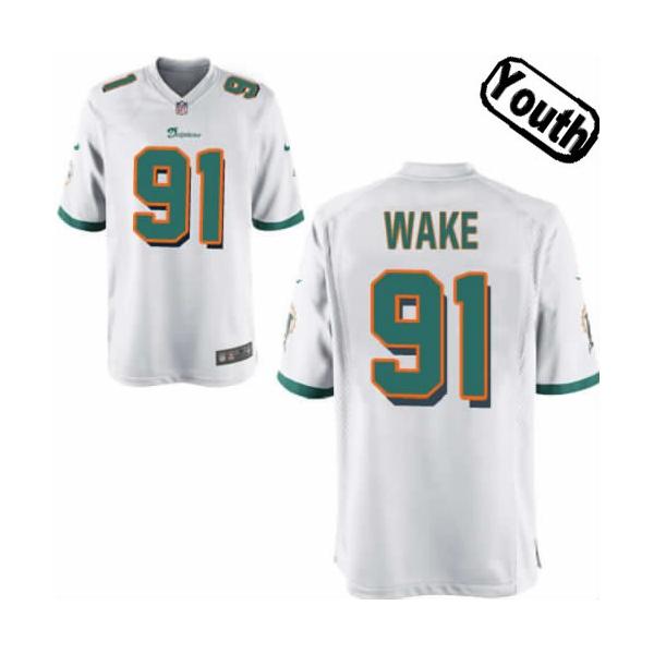 [NEW,Sewn-on]Cameron Wake Youth Football Jersey - Miami #91 WAKE Jersey (White) For Youth/Kid