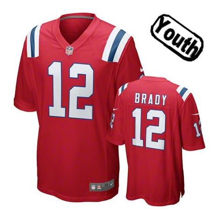 [NEW,Sewn-on]Tom Brady Youth Football Jersey - New England #12 BRADY Jersey (Red) For Youth/Kid