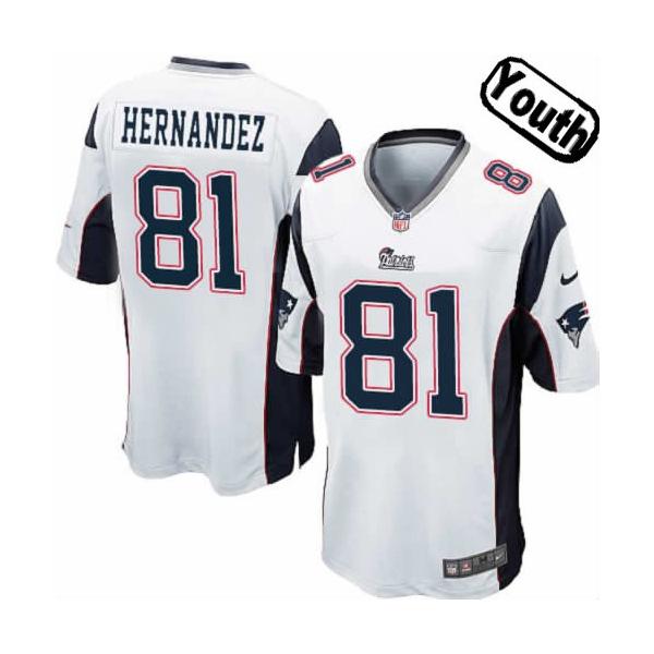 [NEW,Sewn-on]Aaron Hernandez Youth Football Jersey - New England #81 HERNANDEZ Jersey (White) For Youth/Kid