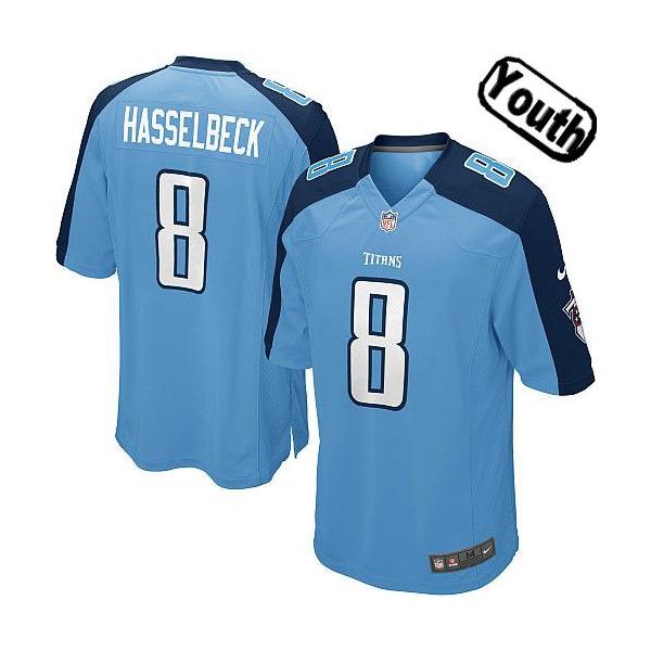 [NEW,Sewn-on]Matt Hasselbeck Youth Football Jersey - Tennessee #8 HASSELBECK Jersey (Light Blue) For Youth/Kid