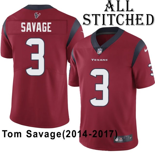 Red Embroidered Tom Savage Jersey Houston Texans #3 Stitched Jerseys