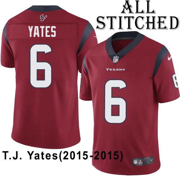 Red Embroidered T.J. Yates Jersey Houston Texans #6 Stitched Jerseys