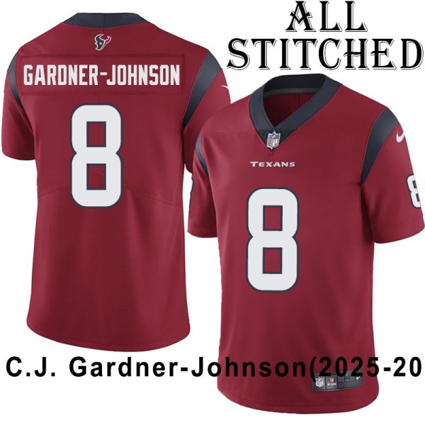 Red Embroidered C.J. Gardner-Johnson Jersey Houston Texans #8 Stitched Jerseys