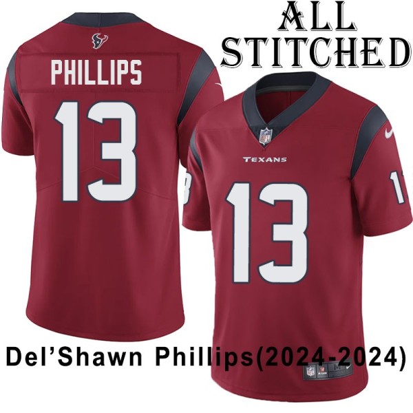 Red Embroidered Del'Shawn Phillips Jersey Houston Texans #13 Stitched Jerseys