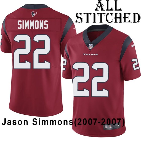Red Embroidered Jason Simmons Jersey Houston Texans #22 Stitched Jerseys