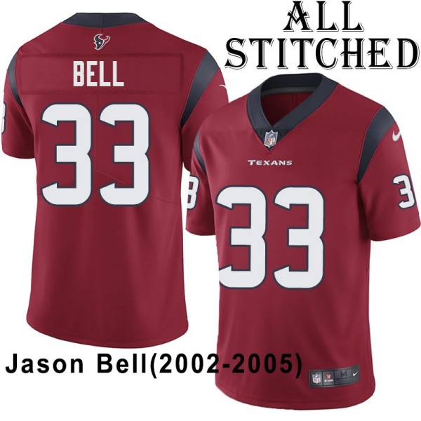 Red Embroidered Jason Bell Jersey Houston Texans #33 Stitched Jerseys