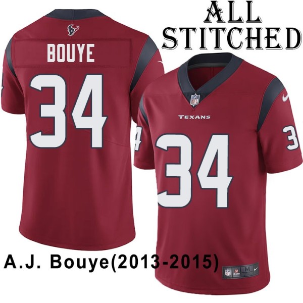Red Embroidered A.J. Bouye Jersey Houston Texans #34 Stitched Jerseys