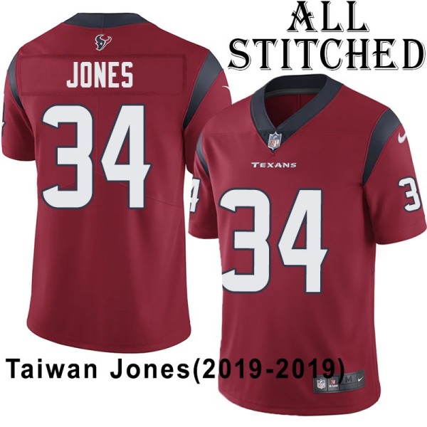 Red Embroidered Taiwan Jones Jersey Houston Texans #34 Stitched Jerseys