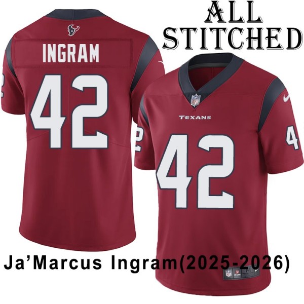 Red Embroidered Ja'Marcus Ingram Jersey Houston Texans #42 Stitched Jerseys
