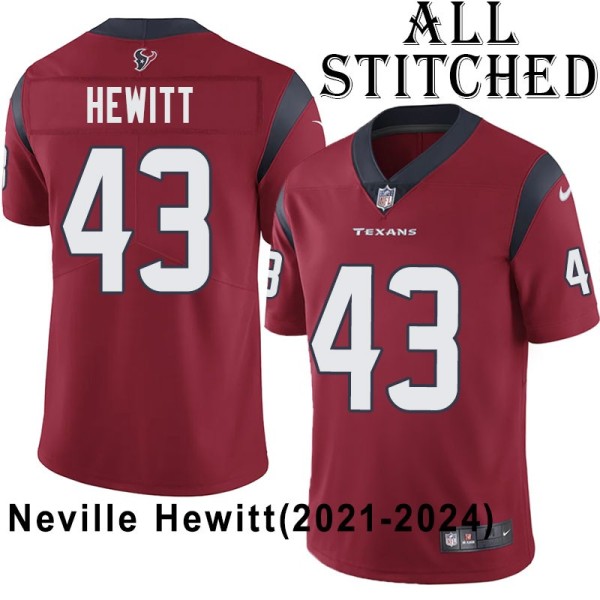 Red Embroidered Neville Hewitt Jersey Houston Texans #43 Stitched Jerseys
