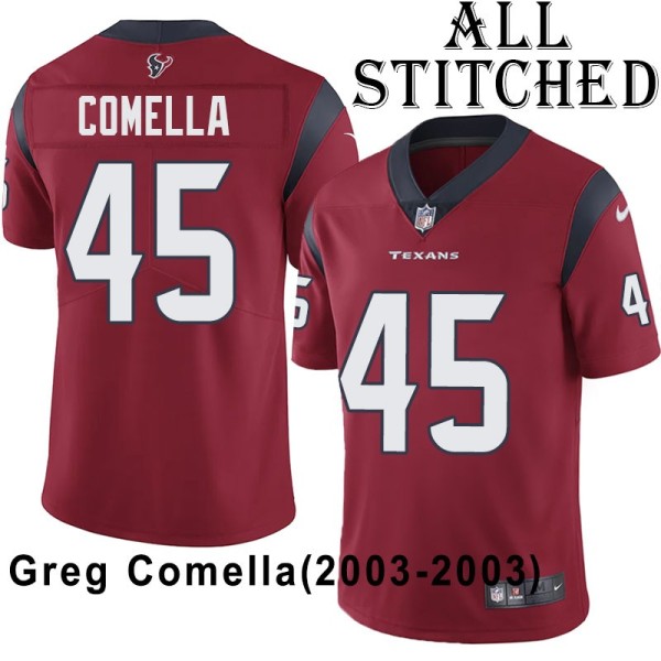 Red Embroidered Greg Comella Jersey Houston Texans #45 Stitched Jerseys