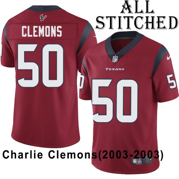 Red Embroidered Charlie Clemons Jersey Houston Texans #50 Stitched Jerseys