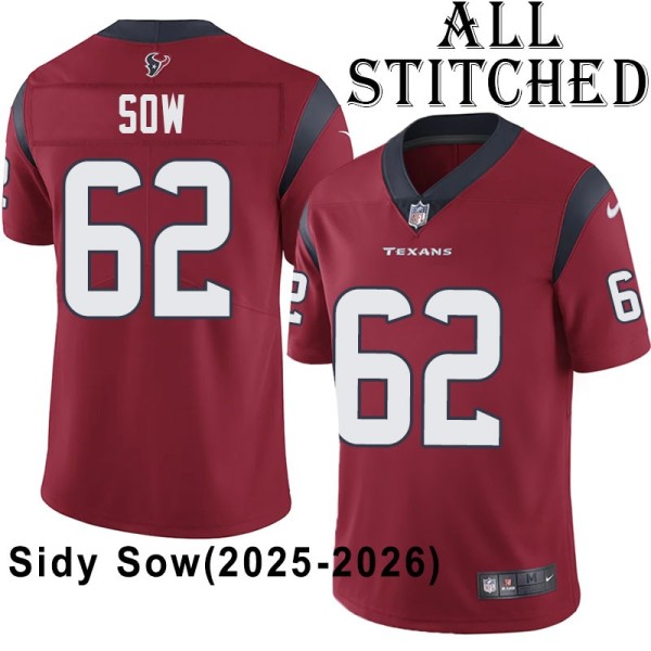 Red Embroidered Sidy Sow Jersey Houston Texans #62 Stitched Jerseys