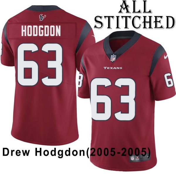 Red Embroidered Drew Hodgdon Jersey Houston Texans #63 Stitched Jerseys