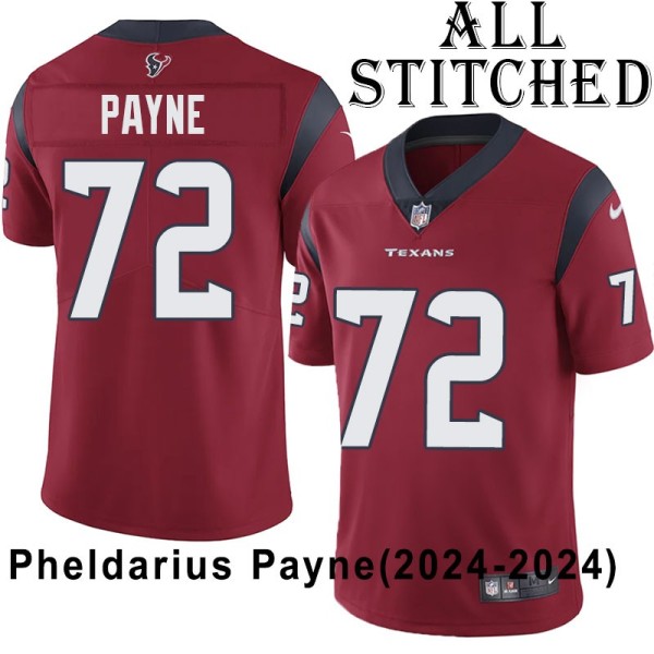Red Embroidered Pheldarius Payne Jersey Houston Texans #72 Stitched Jerseys