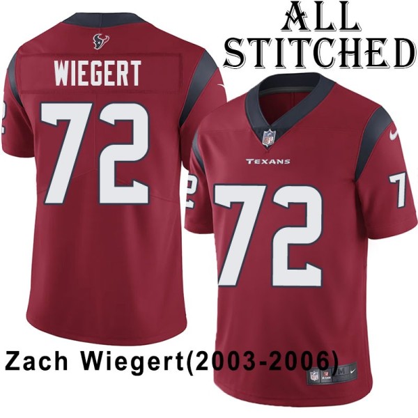 Red Embroidered Zach Wiegert Jersey Houston Texans #72 Stitched Jerseys