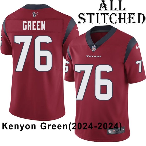 Red Embroidered Kenyon Green Jersey Houston Texans #76 Stitched Jerseys