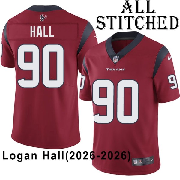 Red Embroidered Logan Hall Jersey Houston Texans #90 Stitched Jerseys