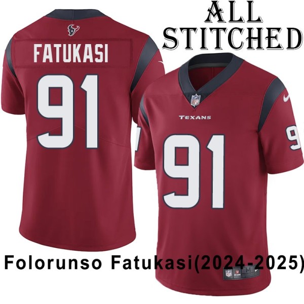 Red Embroidered Folorunso Fatukasi Jersey Houston Texans #91 Stitched Jerseys