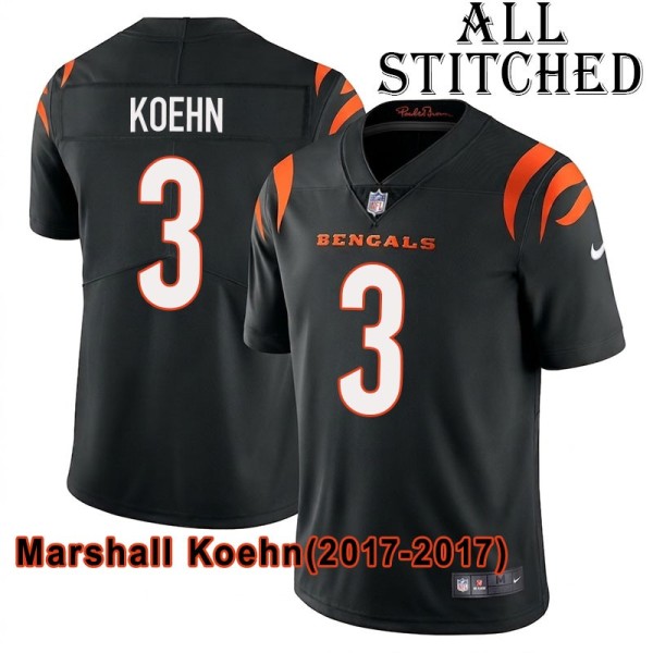 Black Home Embroidered Marshall Koehn Cincinnati Bengals #3 Stitched Jersey