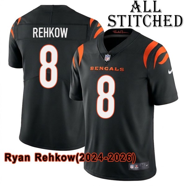 Black Home Embroidered Ryan Rehkow Cincinnati Bengals #8 Stitched Jersey