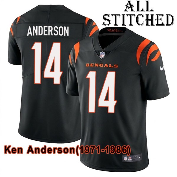 Black Home Embroidered Ken Anderson Cincinnati Bengals #14 Stitched Jersey
