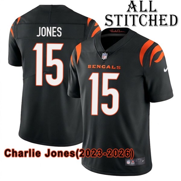 Black Home Embroidered Charlie Jones Cincinnati Bengals #15 Stitched Jersey