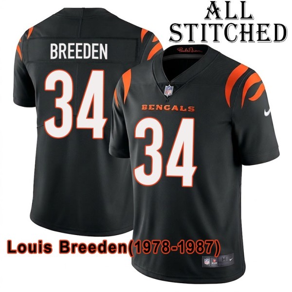 Black Home Embroidered Louis Breeden Cincinnati Bengals #34 Stitched Jersey