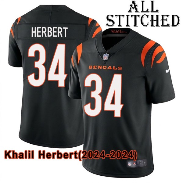 Black Home Embroidered Khalil Herbert Cincinnati Bengals #34 Stitched Jersey