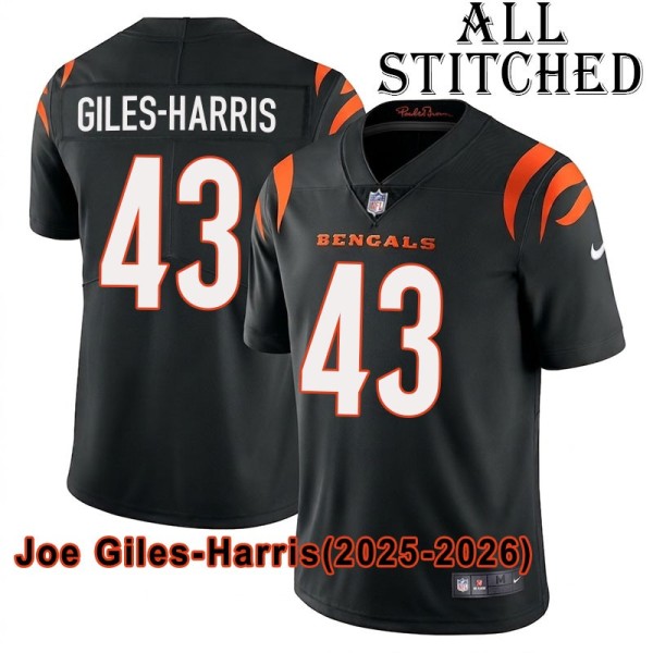 Black Home Embroidered Joe Giles-Harris Cincinnati Bengals #43 Stitched Jersey