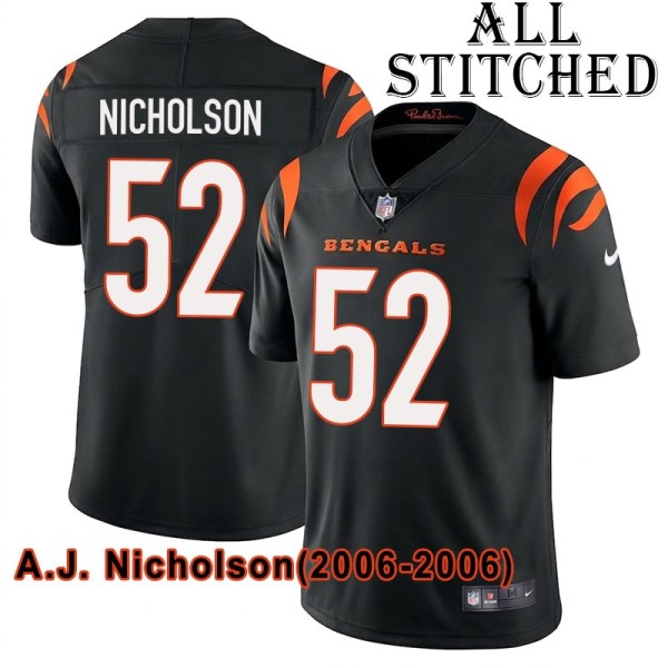 Black Home Embroidered A.J. Nicholson Cincinnati Bengals #52 Stitched Jersey