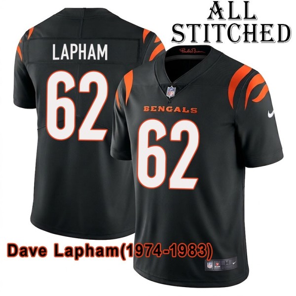 Black Home Embroidered Dave Lapham Cincinnati Bengals #62 Stitched Jersey