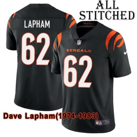 Black Home Embroidered Dave Lapham Cincinnati Bengals #62 Stitched Jersey