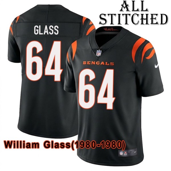 Black Home Embroidered William Glass Cincinnati Bengals #64 Stitched Jersey