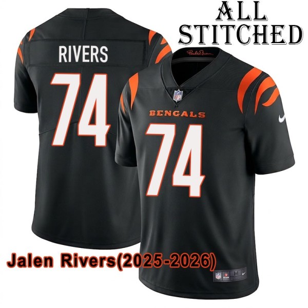 Black Home Embroidered Jalen Rivers Cincinnati Bengals #74 Stitched Jersey