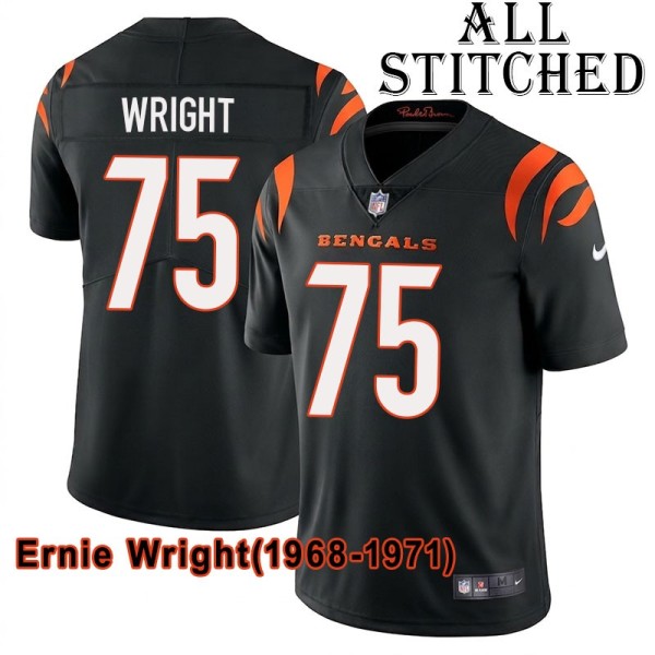 Black Home Embroidered Ernie Wright Cincinnati Bengals #75 Stitched Jersey