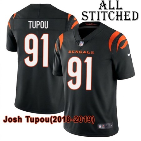 Black Home Embroidered Josh Tupou Cincinnati Bengals #91 Stitched Jersey
