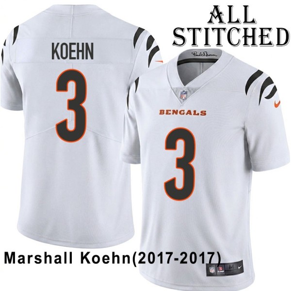 White Embroidered Marshall Koehn Cincinnati Bengals #3 Stitched Jersey