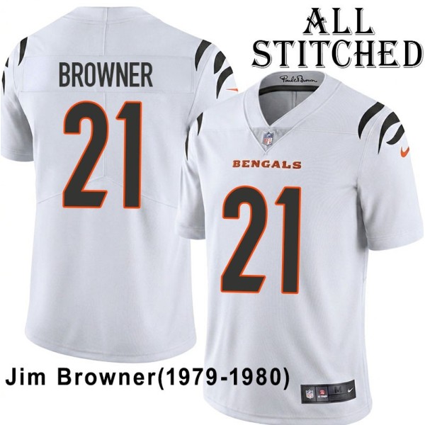 White Embroidered Jim Browner Cincinnati Bengals #21 Stitched Jersey