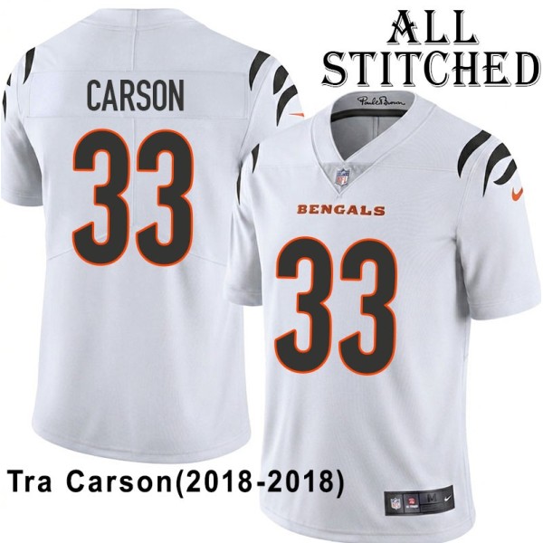 White Embroidered Tra Carson Cincinnati Bengals #33 Stitched Jersey