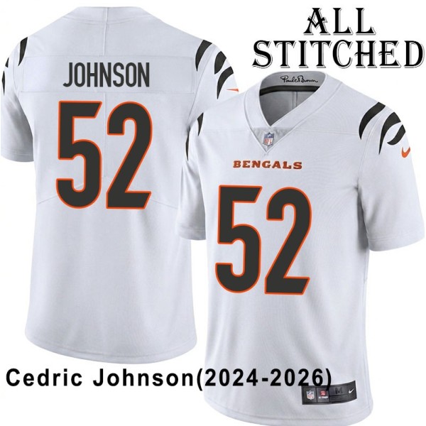 White Embroidered Cedric Johnson Cincinnati Bengals #52 Stitched Jersey