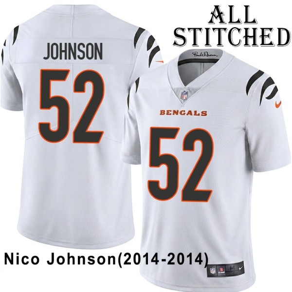White Embroidered Nico Johnson Cincinnati Bengals #52 Stitched Jersey