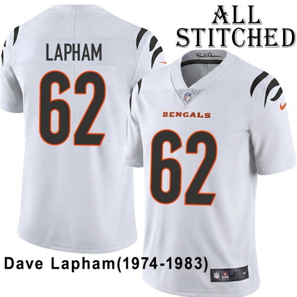 White Embroidered Dave Lapham Cincinnati Bengals #62 Stitched Jersey