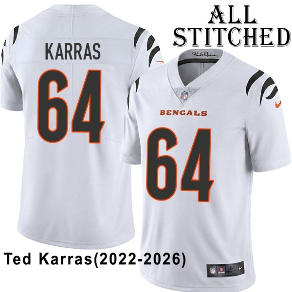 White Embroidered Ted Karras Cincinnati Bengals #64 Stitched Jersey